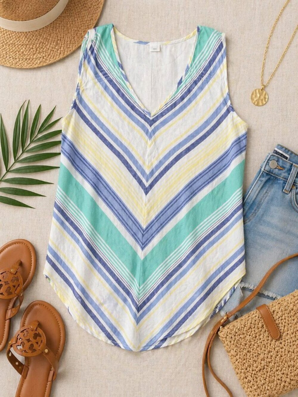 Natural Reflections Striped Sleeveless Blouse V Neck Linen Blend M